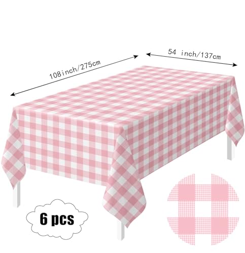 Pink Gingham Tablecloth - 6 Pack Disposable Rectangle 54 x 108 Inch Party Decor