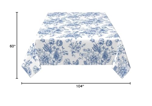 Blue Floral Square Tablecloth 60x104 Inch - Chinoiserie Flower Toile Polyester - Blue & White Decor for Parties and Kitchen