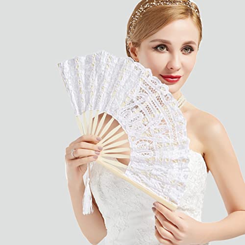 White Cotton Lace Folding Hand Fan with Bamboo Frame for Wedding & Party - Pack of 2 (Variation: One Size)