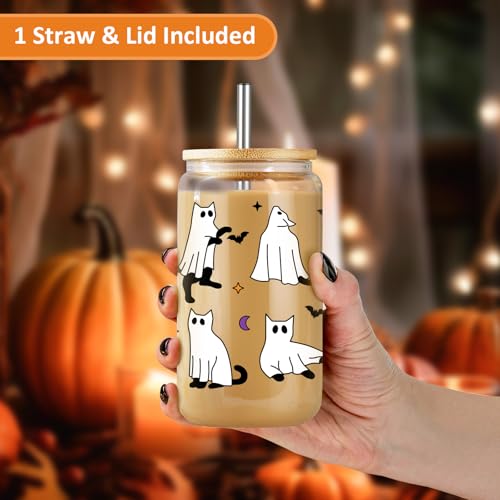 Halloween Cat Ghost Glass Cup with Lid and Straw - Spooky Cute Party Drinkware