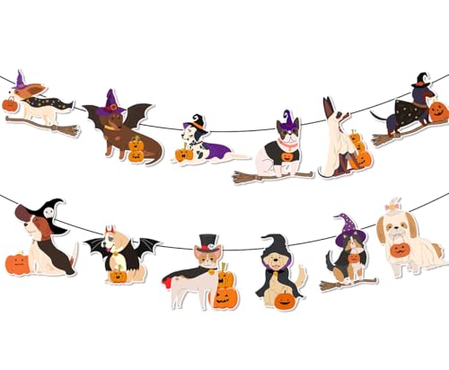 Halloween Dog Decorations Banner with Cute Dogs, Pumpkins & Witch Hats