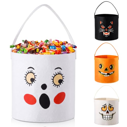 Vivid Style Halloween Candy Baskets Set of 4 with Handles - Ghost, Black Cat, Skeleton Designs