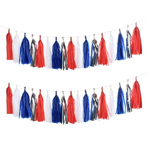 Red Blue White Silver Tissue Tassel Garland for Party Decors - 20pcs