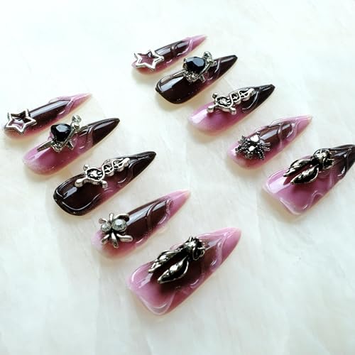 Pink Black Bunny Gothic Press-On Nails - Ombre Stiletto with 3D Halloween Charms - Small, LS