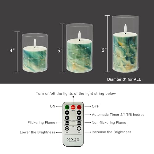 Blue Marble Flickering Flameless Candles with Star String Lights - Battery Operated, Remote Control, 3 Pack