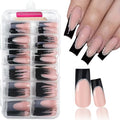 120Pcs Long Square Black French Tip Press On Nails with Glitter & Designs - Style-17