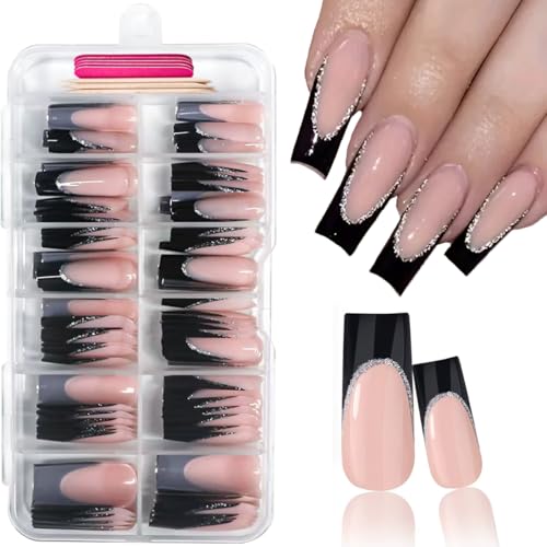 120Pcs Long Square Black French Tip Press On Nails with Glitter & Designs - Style-17