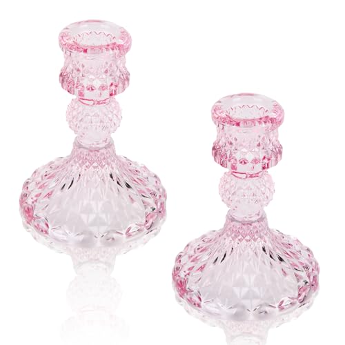 Pink Glass Candle Holder Set - 2PCS Decorative Pillar Candle Stands for Weddings & Events