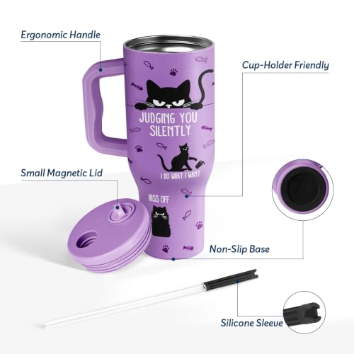 34HD Black Cat Tumbler 40oz with Handle & Straw - Purple Cat Variation
