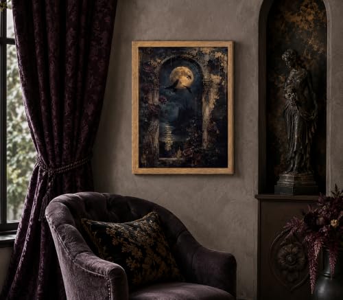 Dark Academia Moon Raven Gothic Canvas Wall Art - 16x12 Inches, Framed Night Scene for Bedroom or Gothic Home Decor
