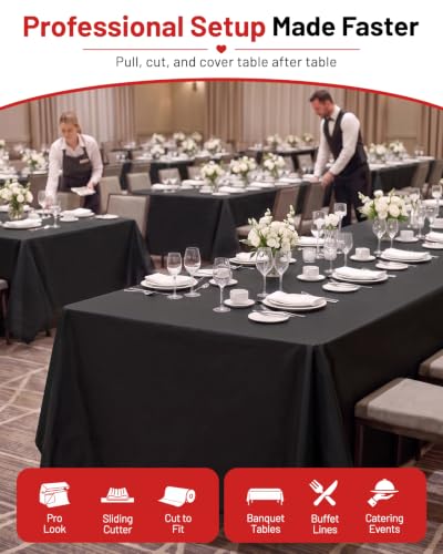 Black Plastic Table Cover Roll - 90 Inches x 1200 Inches Extra Wide Disposable Tablecloth with Variation