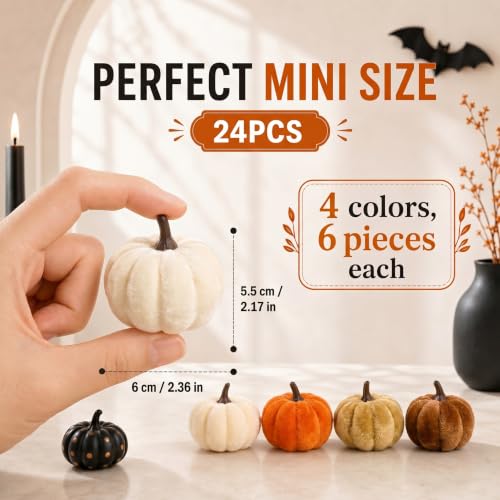 24 Pcs Halloween Velvet Mini Pumpkins - Faux Fall Decor, Small Faux Pumpkins, Craft Supplies, Gift Box Included