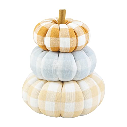 Gingham Stacked Pumpkins Decor - 15 Inch Fall Woven Cotton Halloween