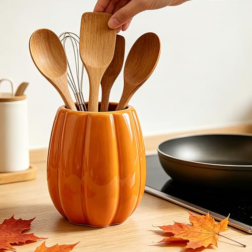 Fall Pumpkin Ceramic Utensil Holder - Orange Pumpkin Kitchen Decor