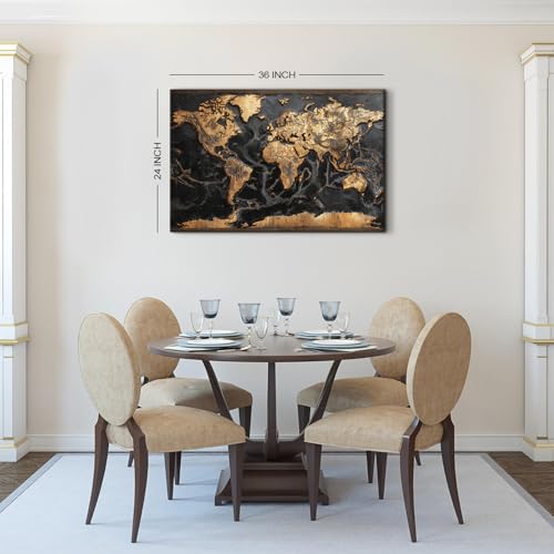 36L x 24W Black and Gold World Map Wall Art Canvas Print - Modern Office Decor