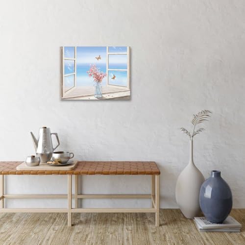 Pink Floral Bathroom Wall Art Canvas with Ocean View Window - 16x12in - Wall Decor