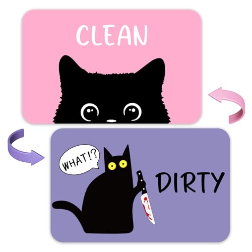 Pink Cat Dishwasher Magnet - Reversible Black Cat Clean Dirty Sign, Kitchen Refrigerator Reminder