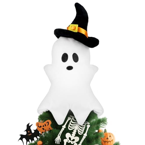 Halloween Ghost Tree Topper with Witch Hat – Spooky Indoor Decor, 11.8-Inch