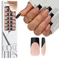 French Tip Press On Nails - Black Square Long Variant for Natural Look