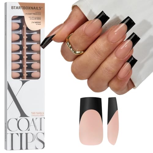 French Tip Press On Nails - Black Square Long Variant for Natural Look