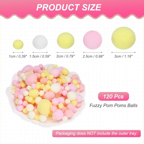 Fuzzy Pom Poms Set - Assorted Pink White Yellow 120 Pcs DIY Crafts & Decorations