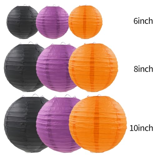Halloween Paper Lanterns Set - Purple, Orange, Black Hanging Decorations, 9 Pieces