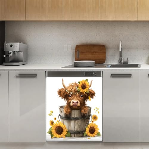 Sunflower Highland Cow Dishwasher Magnet Cover A-52 - Reusable Fridge Decor