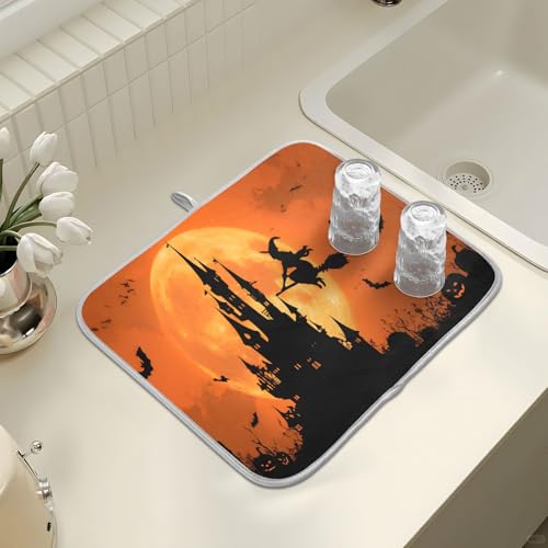 Halloween Witch Castle Dish Drying Mat - Microfiber Absorbent Kitchen Counter Pad 18x24 Inches Variation of THIS listing