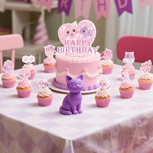 Cat Birthday Party Decorations Set with Banner, Cake Toppers, Balloons & Ribbons