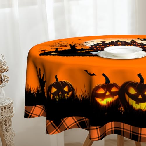 Halloween Castle Round 60 Inch Tablecloth - Pumpkin Ghost Witch Bat Fall Decor