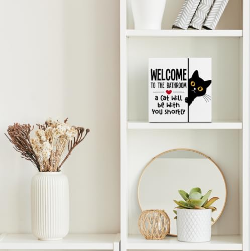 Funny Cat Bathroom Decor Wooden Box Sign - Rustic Toilet Sign with Variation Bathroom Cat