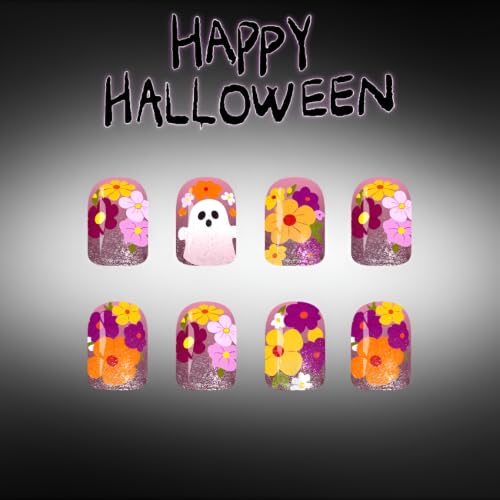 Halloween Press On Nails Short Square Fake Nails with Ghost & Spider Web Design - Variation 1
