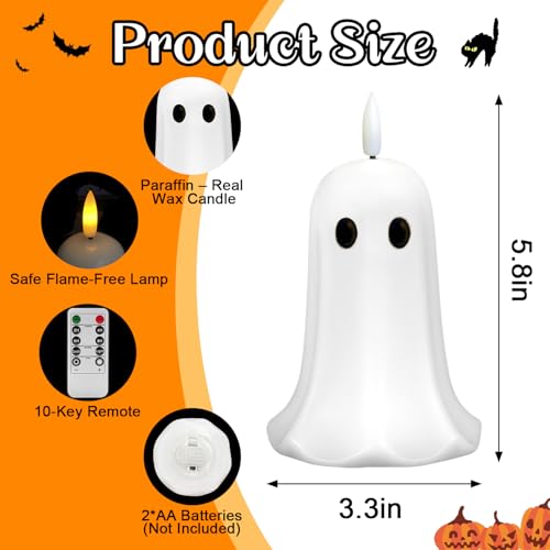 Halloween Ghost Flameless Candle with Timer - LED Flickering Flame, Real Wax, Remote Control, Ghost Light Variation