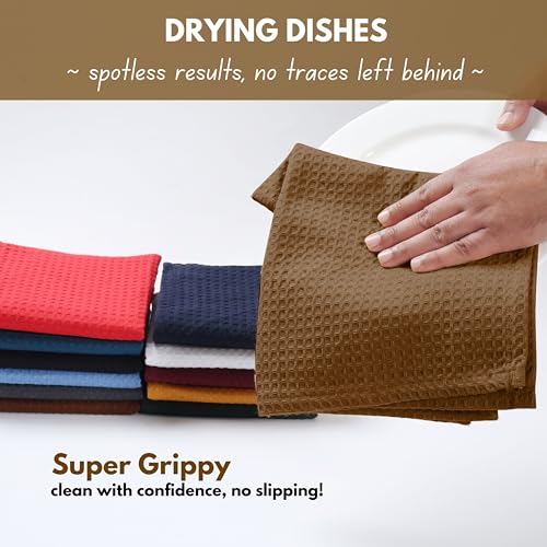 Brown 12x12 Inch Waffle Dish Cloths 18 Pack - Cotton Absorbent Kitchen Towels