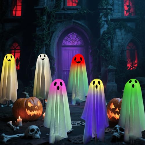 RGB Halloween Ghost Pathway Lights with Stakes - 6PCS Solar Waterproof Outdoor Decor
