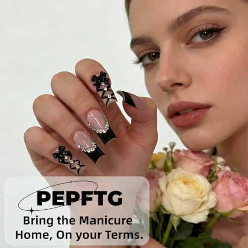 Black Press on Nails Long Coffin Fake Nails with 3D Bow Rhinestones - Style-3