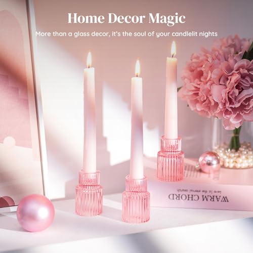 Pink Glass Taper Candle Holders Set of 10 - Elegant Short Candlestick Decor
