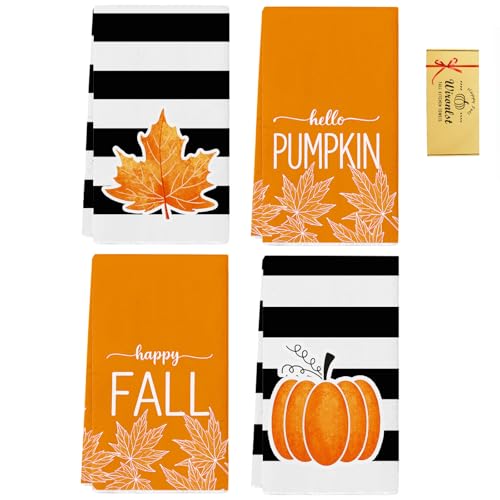 Fall Kitchen Towels Set - 4 Thick Pumpkin & Maple Leaf Dish Towels for Autumn Decor