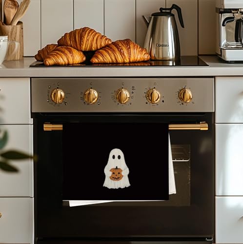 Dark Academia Ghost Pumpkin Kitchen Towels - Black Halloween Dish Hand Towel