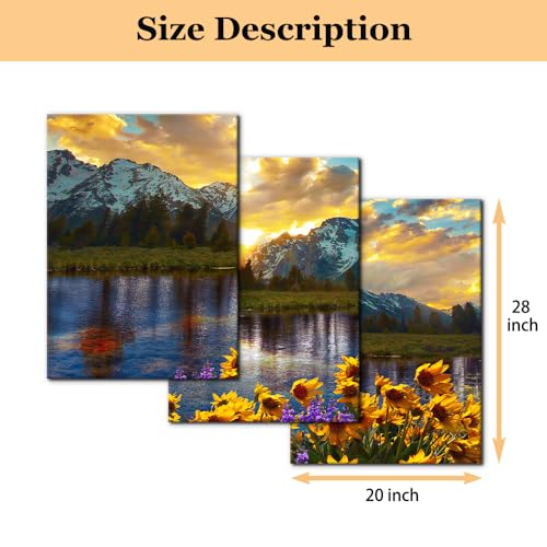 Mountain Canvas Wall Art Set - 3 Panels 20x28 Sunflower Landscape Framed Decor - Variation Wallart-12