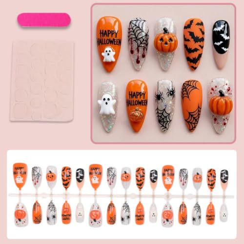 Medium Almond 3D Pumpkin Ghost Spider Halloween Press-On Nails - Color42