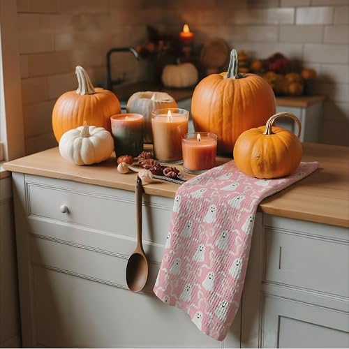 Multicolor Ghost Kitchen Towels - Pink Halloween Dish Hand Towels 16x24, Spooky Fall Decor
