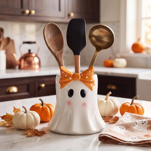 White Ceramic Ghost Utensil Holder - Halloween Kitchen Decor & Organizer - Ghost Bow Variation