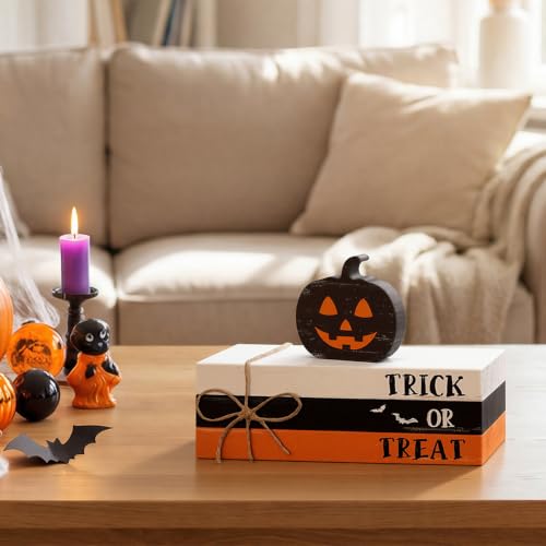 Halloween Wooden Pumpkin Stack with Faux Books - Ghost Pumpkin Variation