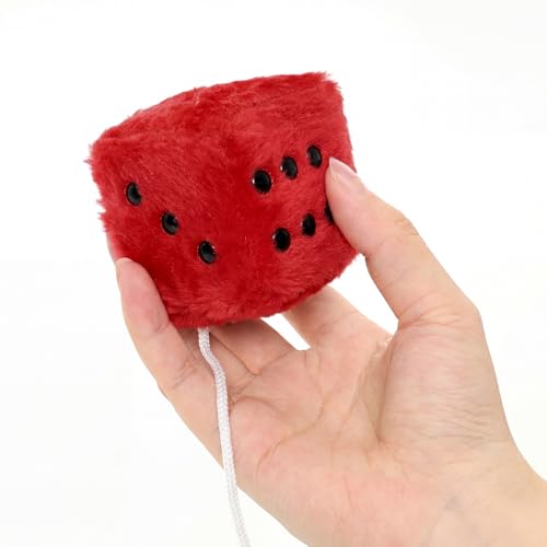 Red Fuzzy Dice Plush Car Hanging Ornament - Stylish Interior Decor