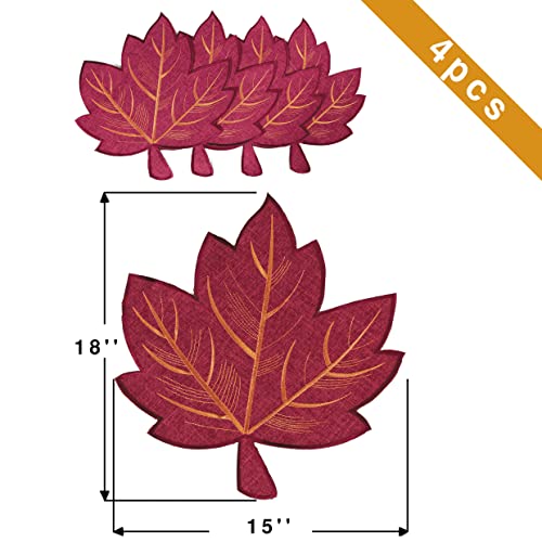 Fall Leaves Placemats Set of 4 - Embroidered Maple Leaf Table Mats, 15x18 Inches