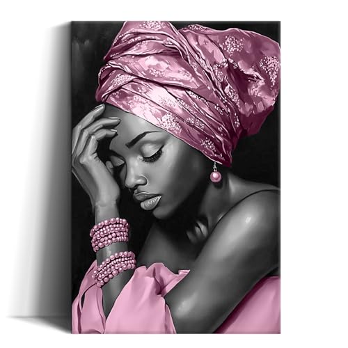 African American Woman Wall Art Canvas Portrait Pink Turban 12x18 Ready to Hang