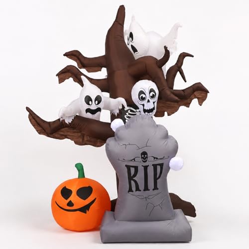 8FT Inflatable Halloween Scary Tree with LED Ghosts and Tombstone Yard Decor