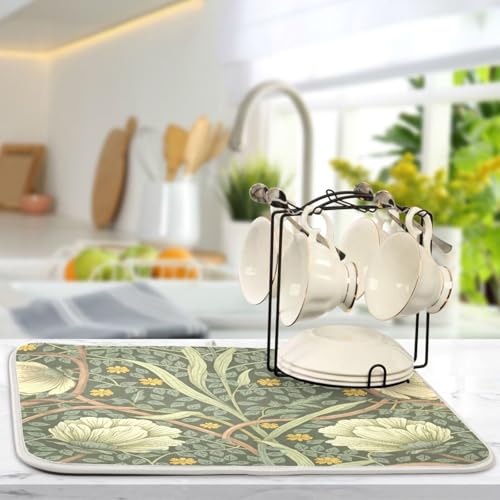16 x 18 Inch William Morris Flowers Dish Drying Mat - Microfiber Kitchen Pad