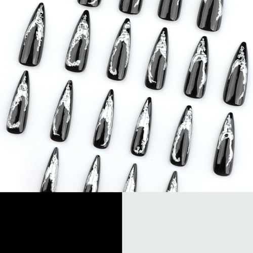 Press On Nails Long Stiletto Black Silver Ombre 3D Fake Nails - Reusable